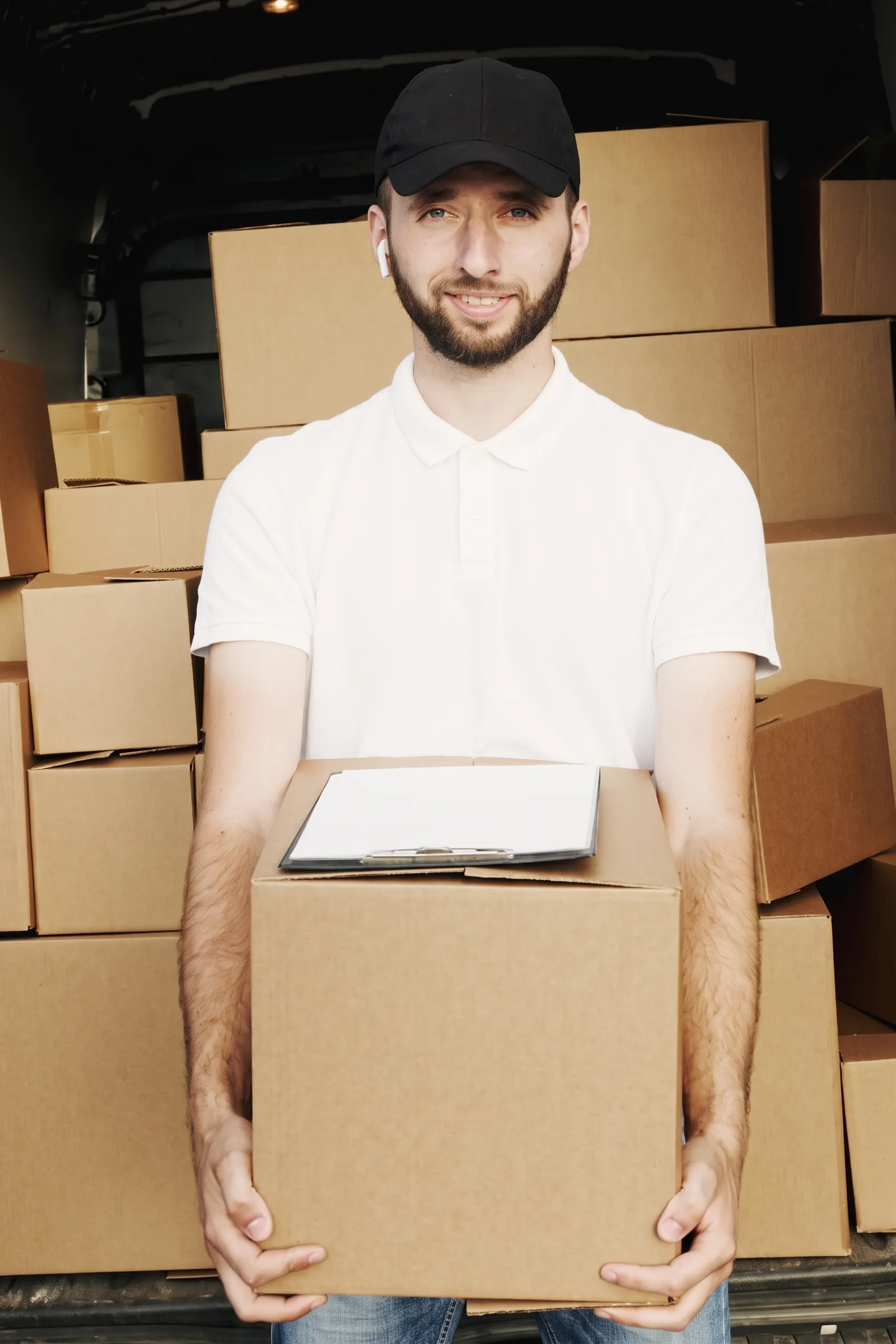 A delivery guy carrying a Domestic Express package behind a delivery truck