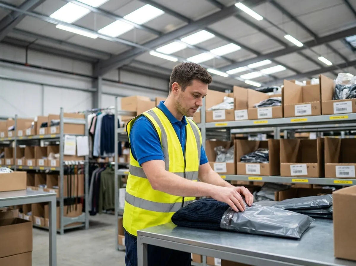 Warehouse worker packing a folded garment into a mailer at a packing station