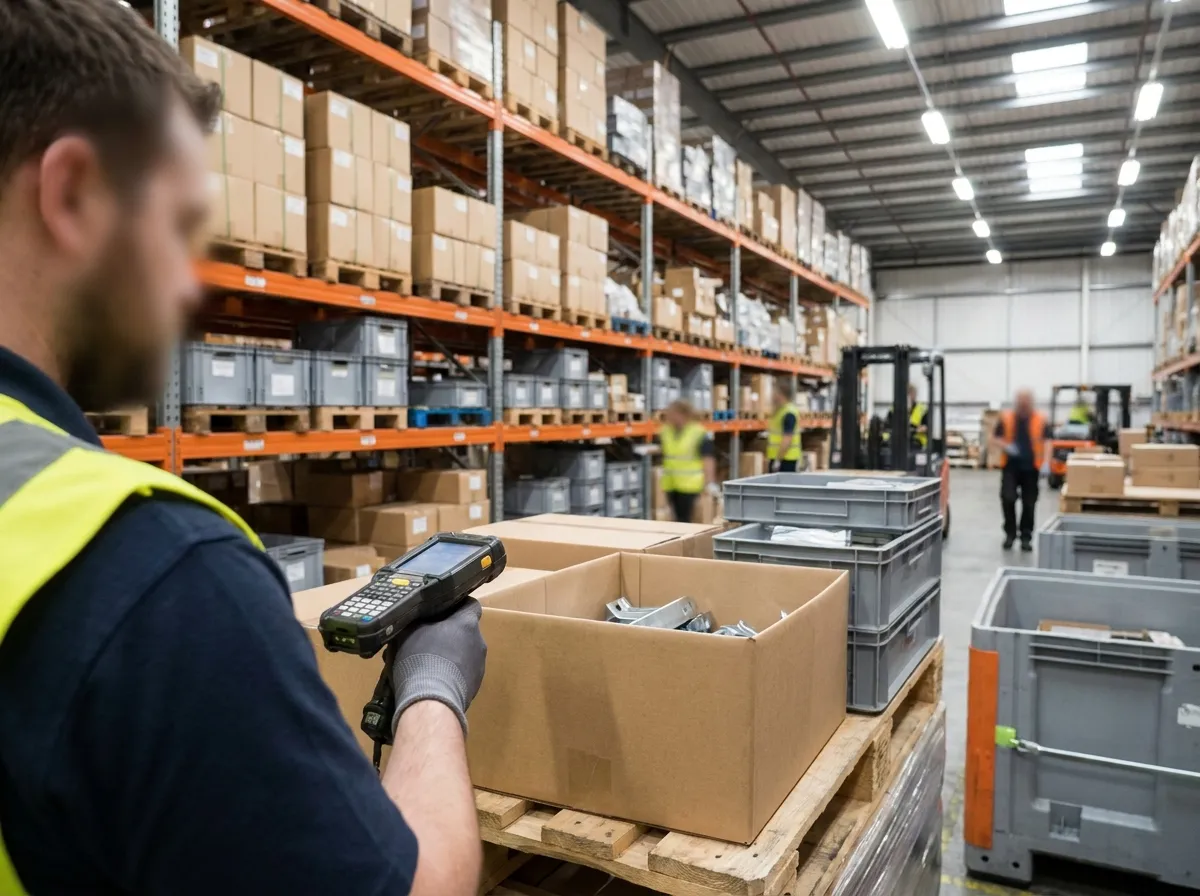 Worker scanning a carton of parts in an industrial warehouse