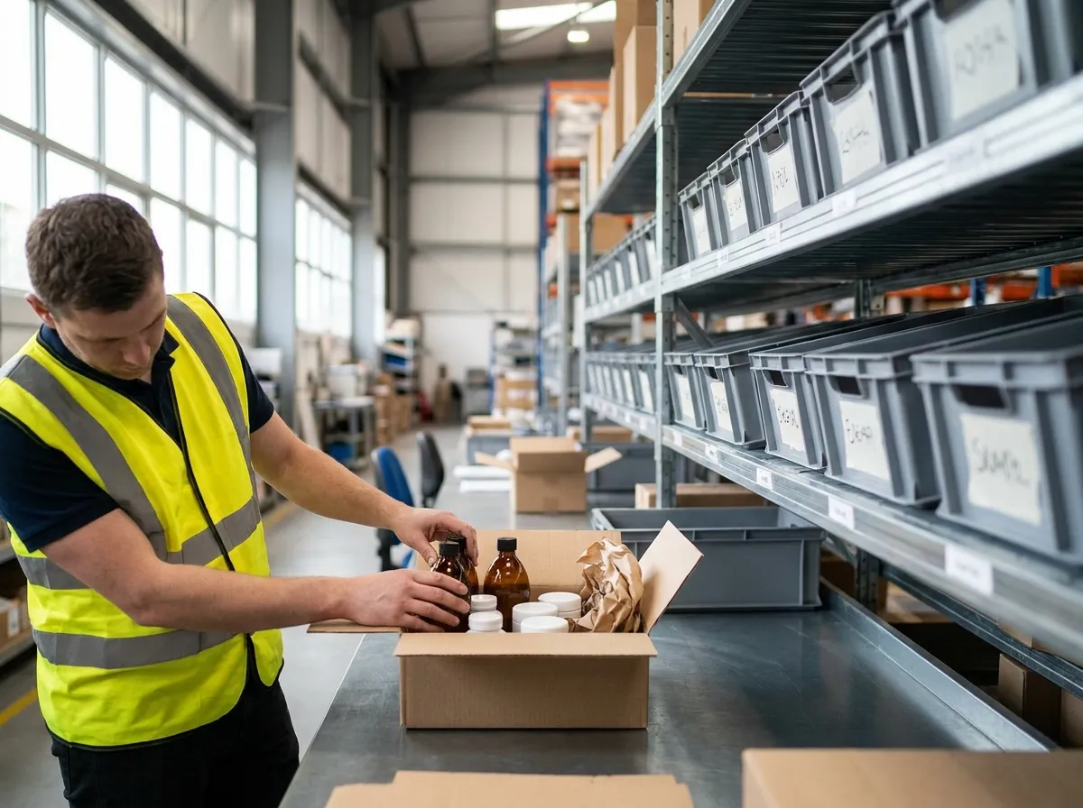 Worker packing skincare bottles and jars into a box with paper padding