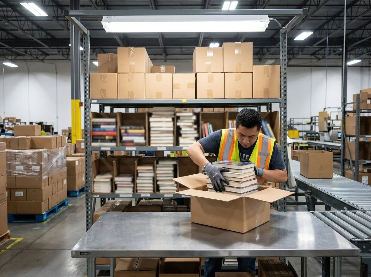 Worker packing a stack of books into a shipping box