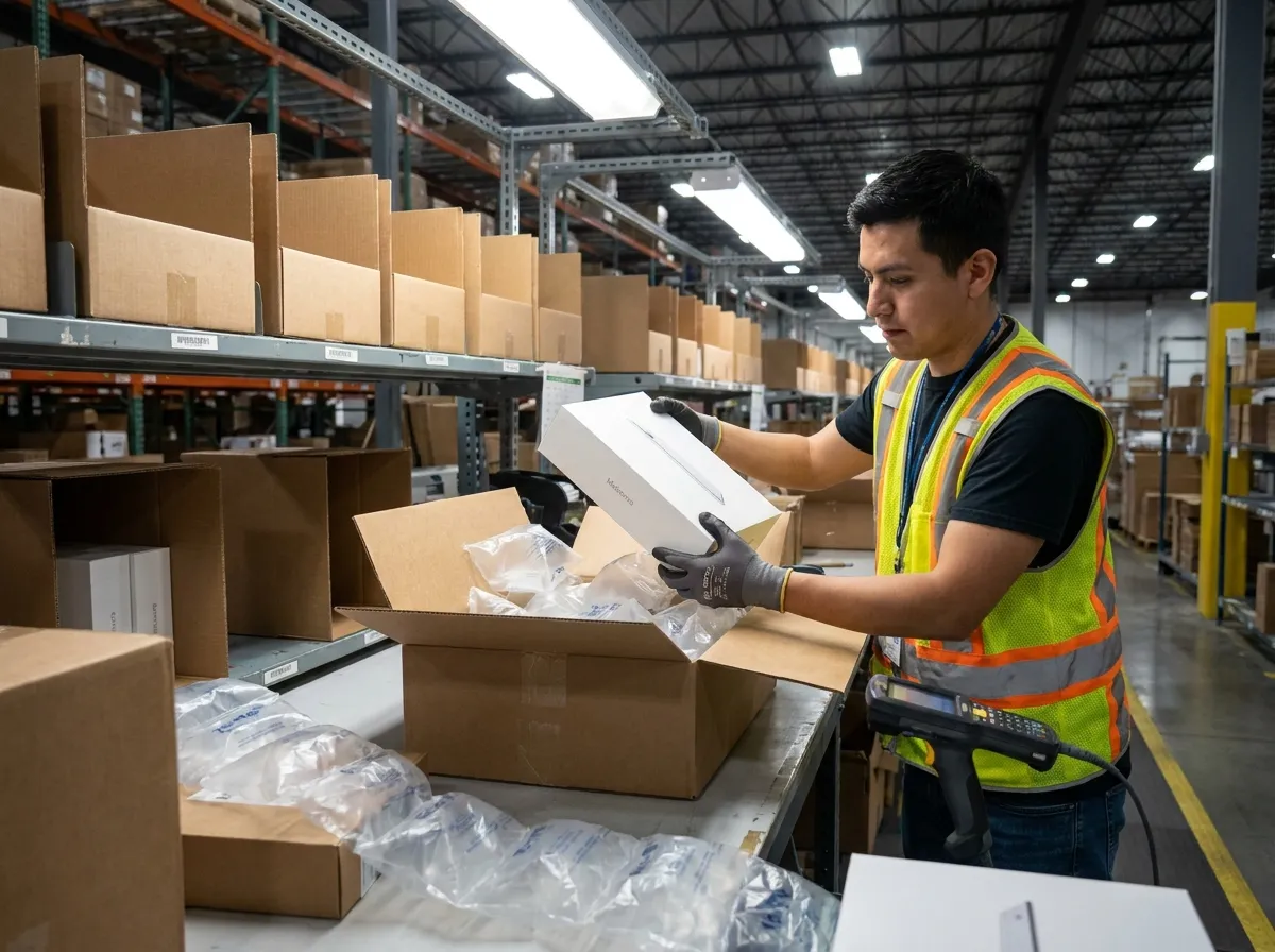 Worker packing a boxed electronic device with air pillows