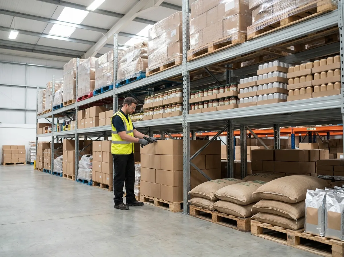 Warehouse racking with cases of shelf-stable food and drinks