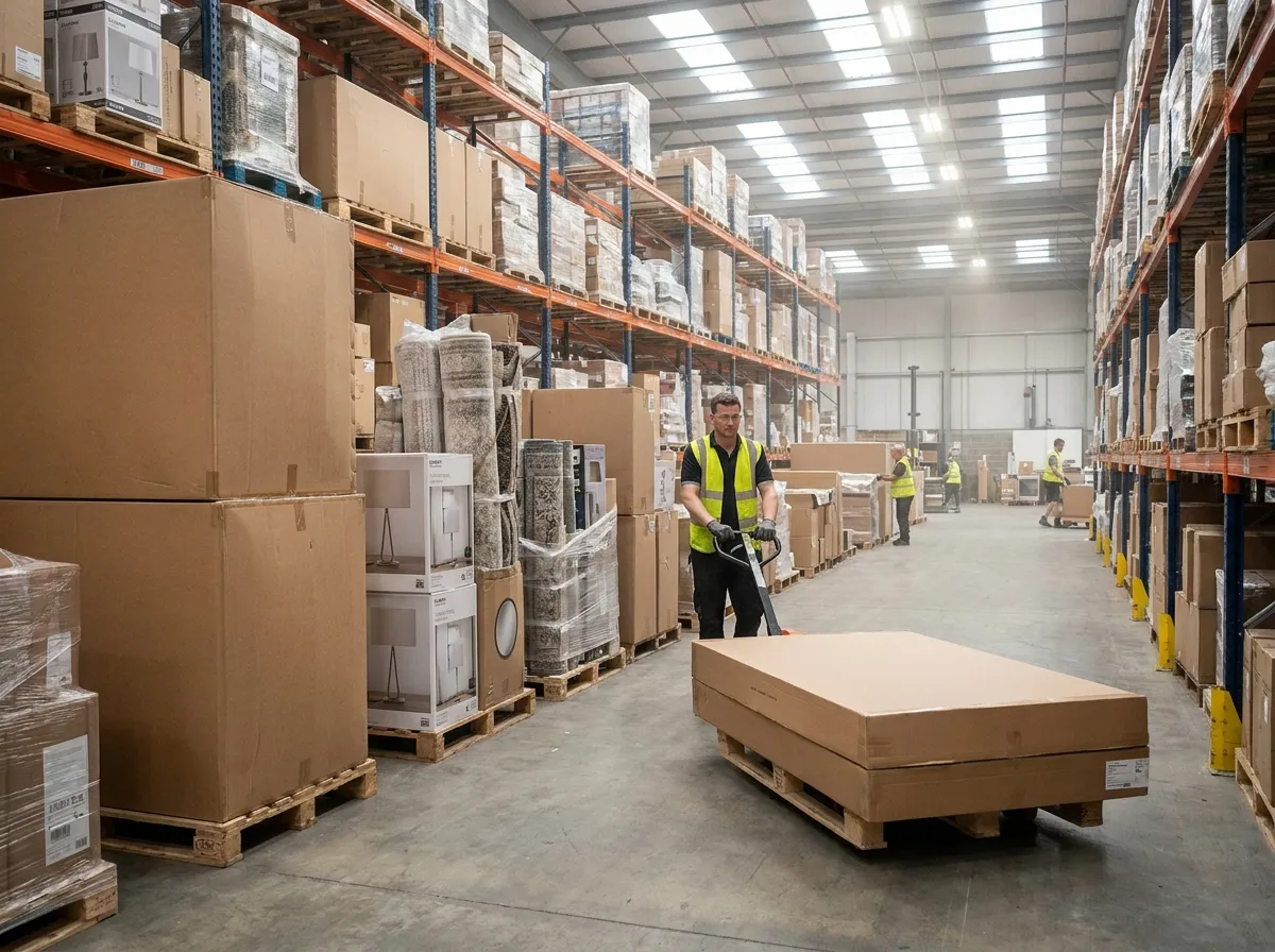 Large flat-pack furniture cartons being moved on a pallet jack in a warehouse