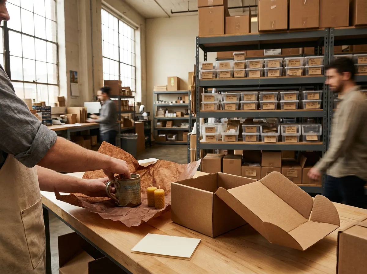 Packer wrapping a handmade mug and candles in paper next to a kraft box
