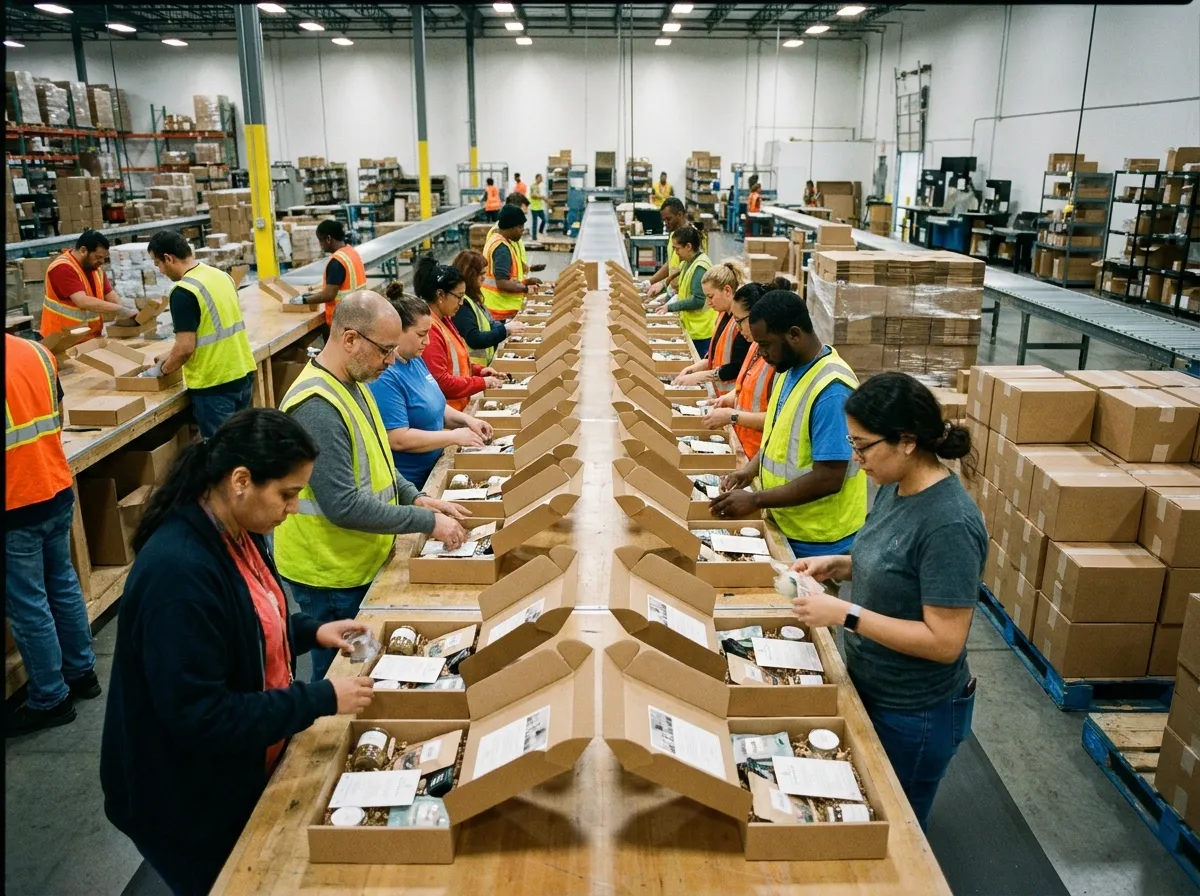 Warehouse team assembling subscription boxes on a long kitting table