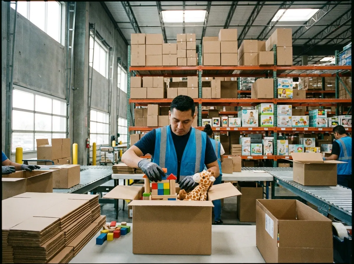 Worker packing wooden toys and a plush toy into a shipping box